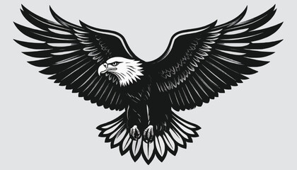 Obraz premium Stylized bald eagle with wings fully spread, black-and-white feather detail, white head, hooked beak. Symmetrical design on gray background, symbolizing strength, freedom, and majesty.