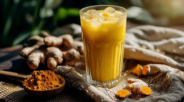 Refreshing Turmeric Drink with Fresh Roots and Powder on Rustic Table.