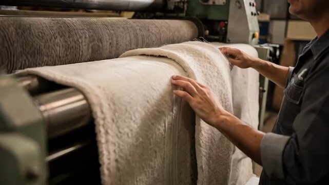 Medium shot of a textile worker operating abrasive rollers to create a soft nap on microfibre fabric highlighting detailed sueding texture development.
