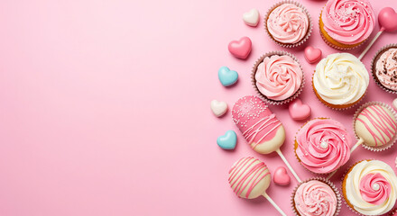 Obraz premium Cupcakes, cake pops and heart candies on a pink background, high angle view with copy space for Valentine Day celebration