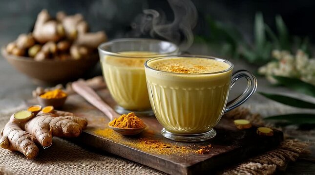 Golden Turmeric Milk Being Poured into a Glass Cup with Ginger and Spices.