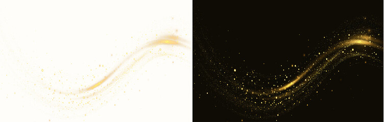 Obraz premium Gold, shine, wave, spark, light, dust, particles, elegant luxury glow, radiant sparkling beam, black background design with festive magic and flickering light effect, png gold dust road 