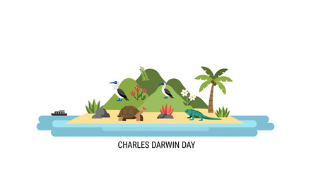 A colorful illustration of a Galapagos island ecosystem celebrating Charles Darwin Day with various species and a tree of life graphic on a white background.