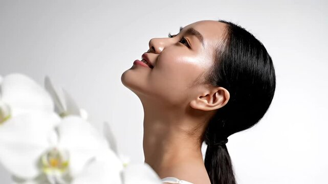 Serene side profile close-up of radiant asian woman with flawless, glowing dewy skin, posing near elegant white orchids for luxury beauty advertising campaign.