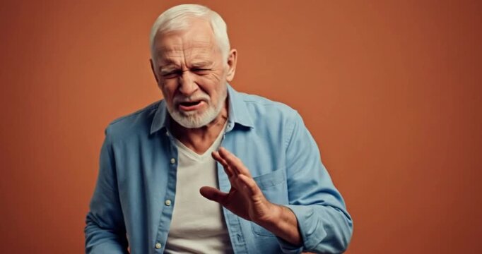 Elderly Man Showing Disgust and Aversion on Warm Studio Background
