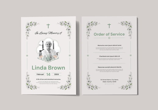 Minimalist Green Floral Funeral Invitation and Obituary Template