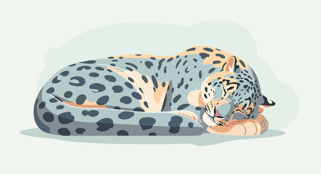 A stylized, sleeping snow leopard curls up in repose on a pale background