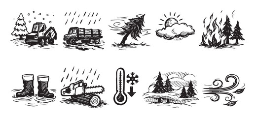 Obraz premium A collection of hand-drawn vector icons depicting logging operations and different weather conditions within a forest environment. Ideal for use in forestry themed designs and presentations.