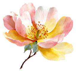 Watercolor floral illustration of a multi-colored rose with details on a black background