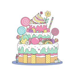 Whimsical Multi-Tiered Candy Cake with Lollipops and Flowers, Dessert Illustration