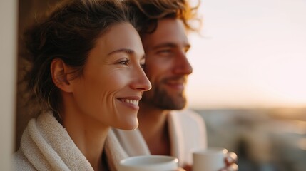 Obraz premium Happy romantic couple standing on a balcony and enjoying a beautiful sunset view with morning coffee.