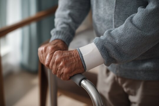 Elderly patient using chair support at home for safe movement training, fall prevention, and independent living care