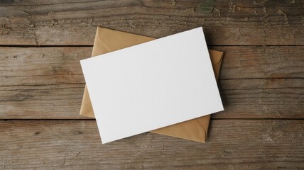 A blank white card and a brown envelope resting on a rustic wooden surface, viewed from above.