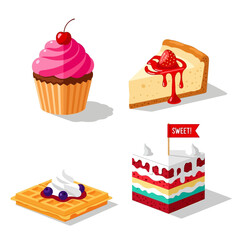 Assortment of Sweet Desserts: Cupcake, Cheesecake, Waffle, and Red Velvet Cake