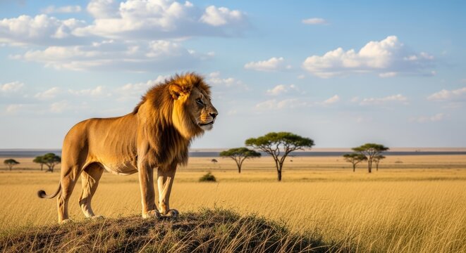 Lion standing proudly in the savanna, showing a powerful body and majestic mane. Known as the king of the jungle, this apex predator symbolizes strength and leadership.