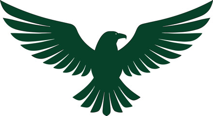 Obraz premium Green eagle silhouette, flying bird of prey, wings spread wide, vector illustration, isolated icon for logo, nature symbol concept.
