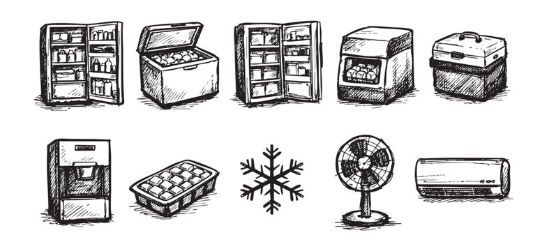 Hand-drawn sketch illustration of cooling appliances like refrigerators, freezers, ice maker, fan, and air conditioner. Use for retro designs, cooling tech articles, or home appliance blog.
