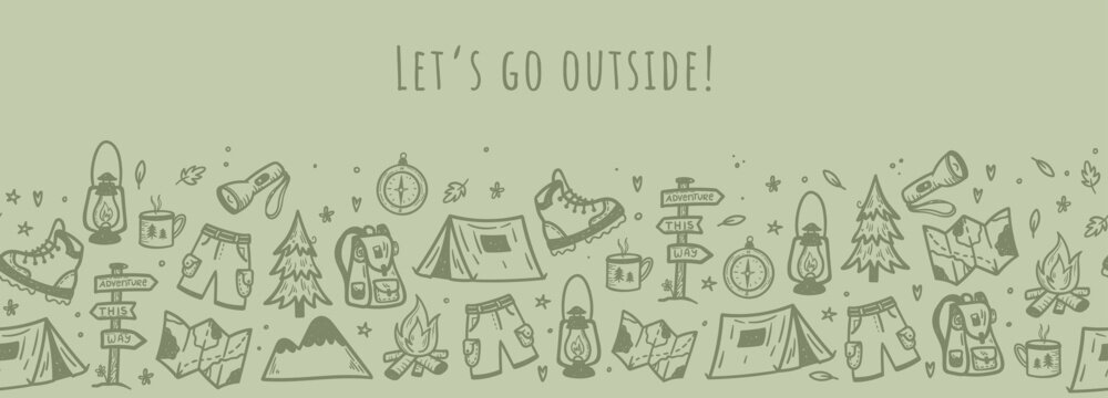 Cute hand drawn vector seamless pattern with camping doodles, tents, hiking boots, campfire great for textiles, banners, wallpapers