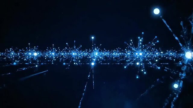 Abstract futuristic AI neural network with glowing blue data nodes and fiber optic lines. Seamless loop 4K motion graphics for tech and corporate backgrounds.
