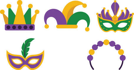 Mardi Gras carnival icons set with crown, jester hat, masquerade masks, beads and feather accessories, colorful festive costume elements, flat vector illustration isolated on white background © Mst Jotsna