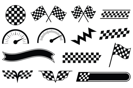 Racing Icons Set: Checkered Flags, Speedometers, and Banners for Motorsport Graphics