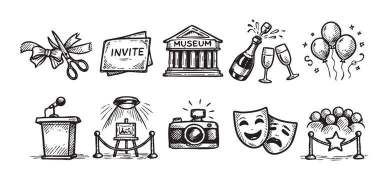A collection of hand-drawn doodle icons featuring a grand opening, museum, champagne, balloons, and more. Perfect for event planning, marketing, and creative design.
