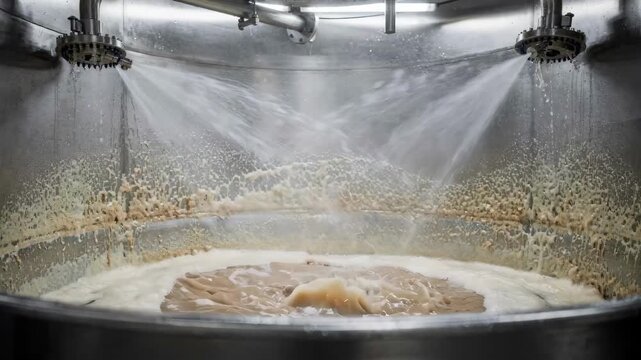 Medium shot of automated CIP cleaning system performing caustic wash showcasing fixed spray balls efficiently removing organic residues inside tank interiors.