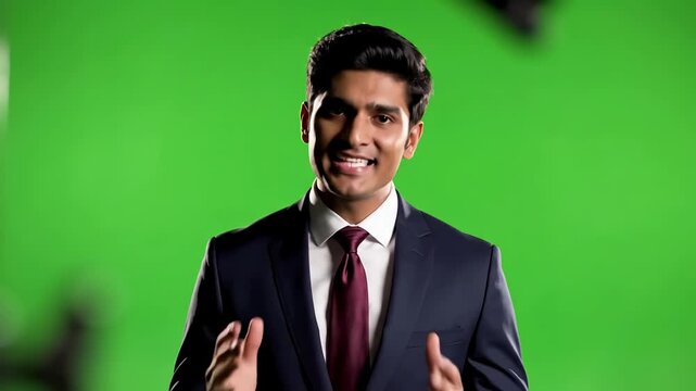 Green Screen handsome businessman looking in camera and talking on a chroma key scene 4 with distortion, overlay, glitch, static noise, scan lines black background, 4k animated video loop