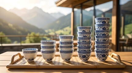 Stacked ceramic tea cups forming a growth bar chart