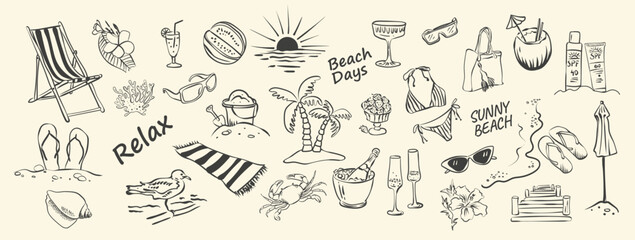 Hand drawn doodle set for summer vacations and relaxation on sunny beach. Attributes of a wonderful vacation sunscreen, bikini, sandals, sunglasses, cocktail champagne. Perfect for t-shirts and cards © Natali