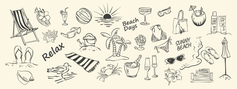 Hand drawn doodle set for summer vacations and relaxation on sunny beach. Attributes of a wonderful vacation sunscreen, bikini, sandals, sunglasses, cocktail champagne. Perfect for t-shirts and cards