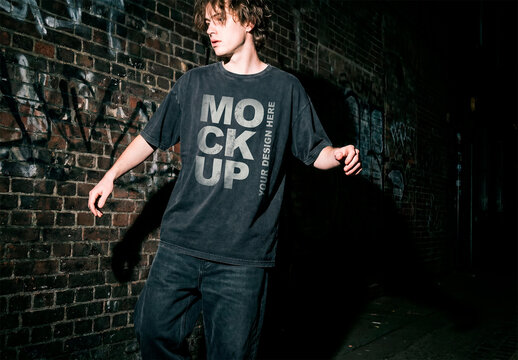 Male Black Oversized T-Shirt Mockup Night Flash Photography