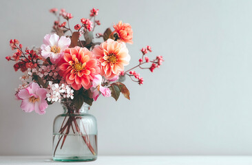 Fototapeta premium bouquet of dahlia flowers in glass vase on white table