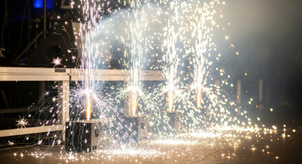 Fototapeta premium Fireworks Sparks on Stage with Metal Railing