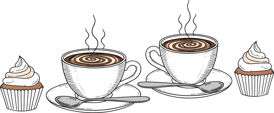 Coffee cup and cupcake vector set in hand drawn line art style for cafe dessert illustration design