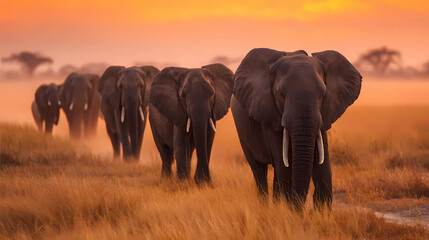 A herd of wild elephants walking across a savanna at sunset, natural and free, Generative AI illustrations.