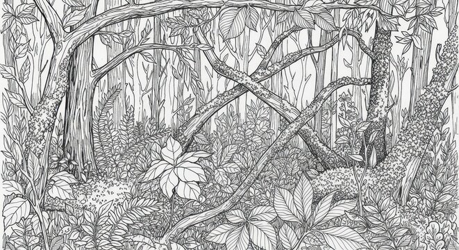 Intricate Forest Canopy with Lush Foliage and Intertwined Branches