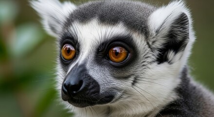 Fototapeta premium Lemur sitting on a tree branch in tropical forest, showing large eyes and long tail. A primate native to Madagascar, known for agility and social behavior.