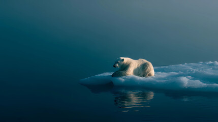 A solitary polar bear on a small piece of ice, vulnerable and isolated, Generative AI illustrations.