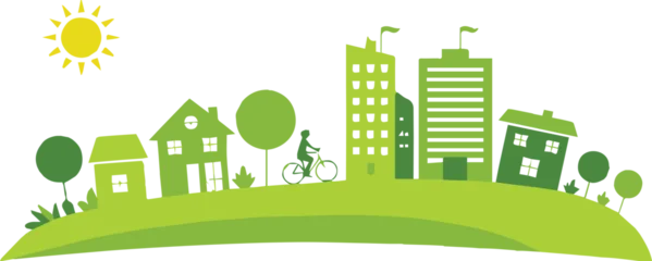 Fototapeten Lindgrün sustainability cityscape with green hill buildings trees bicycle  © AIcon Star