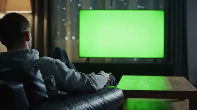 Green Screen man watching television in living room evening young guy sitting on sofa against tv with chroma back view male person switching channels using remote controller scene 3 distortion