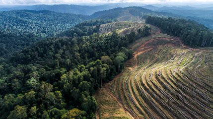 Drone perspective showing forest destruction versus pristine jungle, environmental impact, Generative AI illustrations.