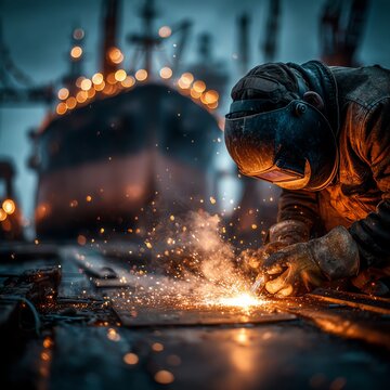 Welder at work in a large shipyard