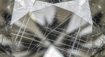 Close-up of a diamond with scratches and imperfections.