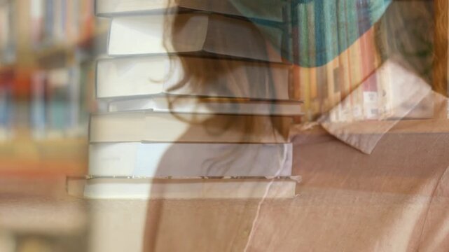 Woman in face mask against stack of books