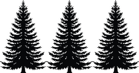 Obraz premium Silhouettes of three pine trees with mountain outlines in the background, ideal for nature design, landscape illustration, and outdoor-themed creative projects.