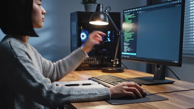 Young woman programmer coding on computer at desk with desk lamp and computer tower