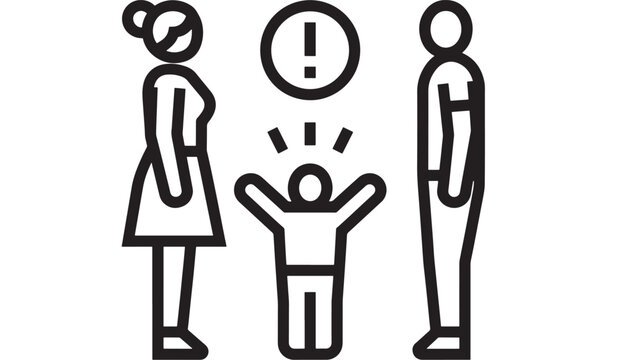 Family conflict icon with angry parents facing away and child in distress under warning sign, simple black line pictogram for divorce, separation, stress concept