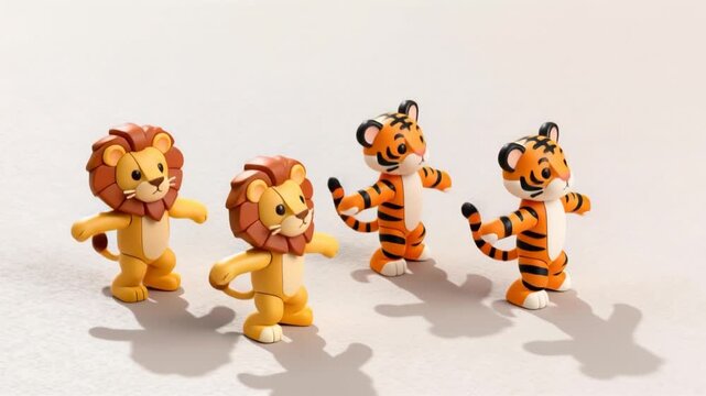 Cute 3D cartoon lion and tiger cubs doing synchronized shimmy dance