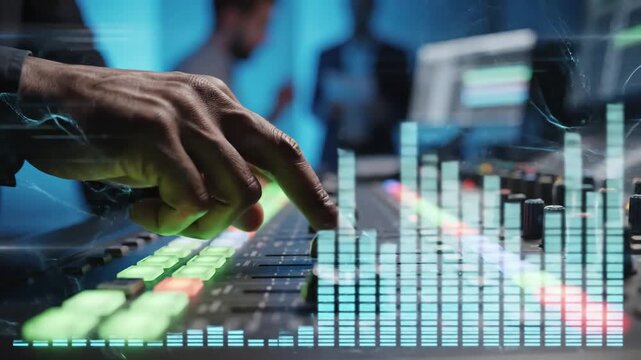 Green Screen selective focus of male sound engineer s hand sliding the button on control equipment working next to other staff in editing zone behind blue studio scene 1 with distortion, overlay
